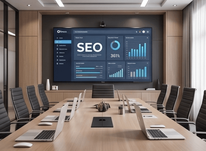 Modern premium corporate meeting and conference room with digital SEO and analytics dashboard screen