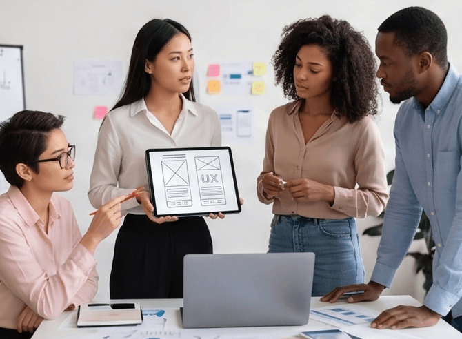 Diverse team of professional UI UX designers and developers collaborating around a table showing wireframes