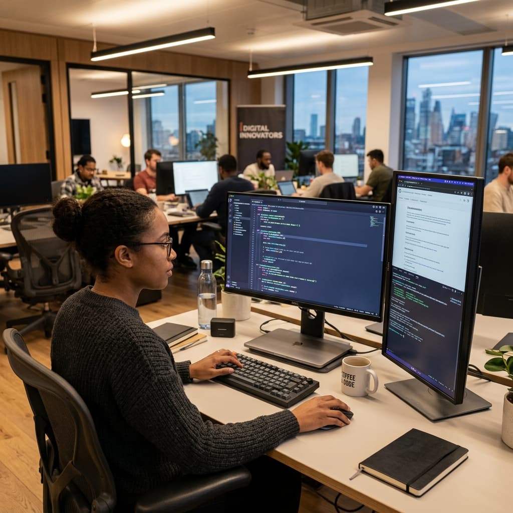 Senior software engineer writing clean code on dual monitor setup in a modern premium corporate office