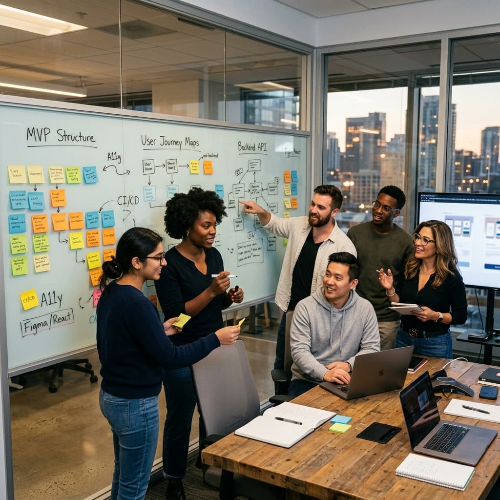 Creative tech and marketing agency team members actively collaborating inside dynamic corporate meeting room