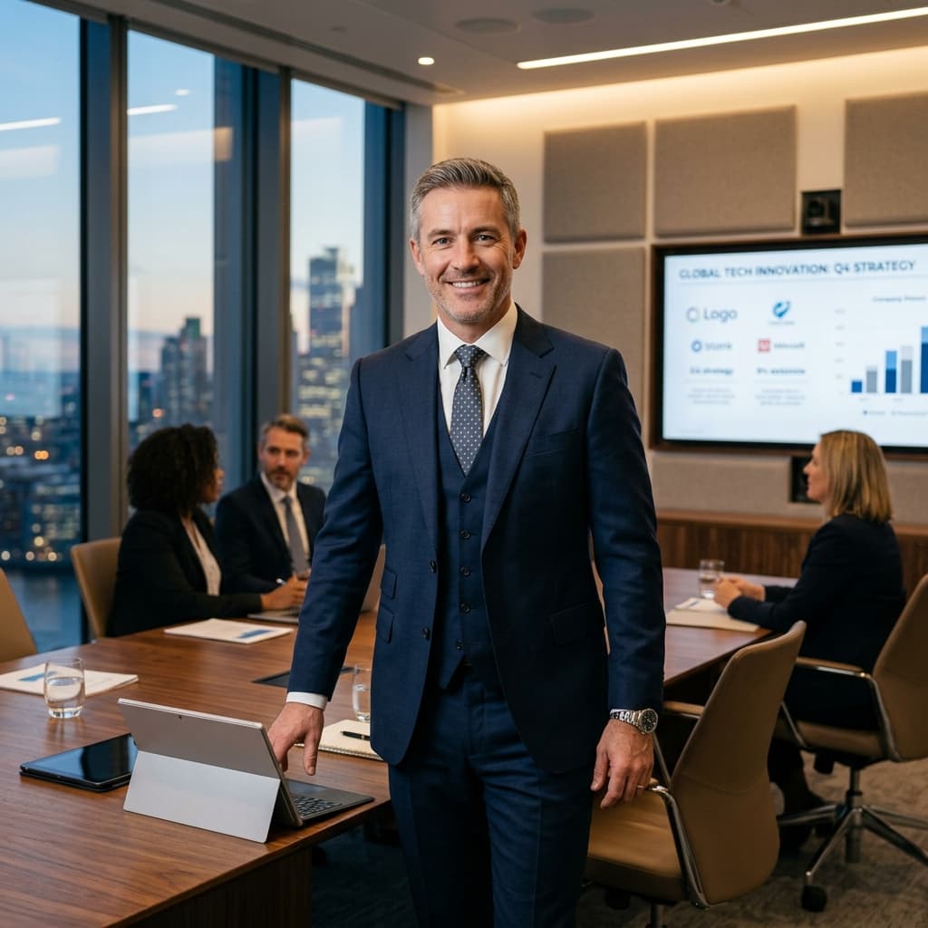 Confident business director leading corporate team in board meeting room