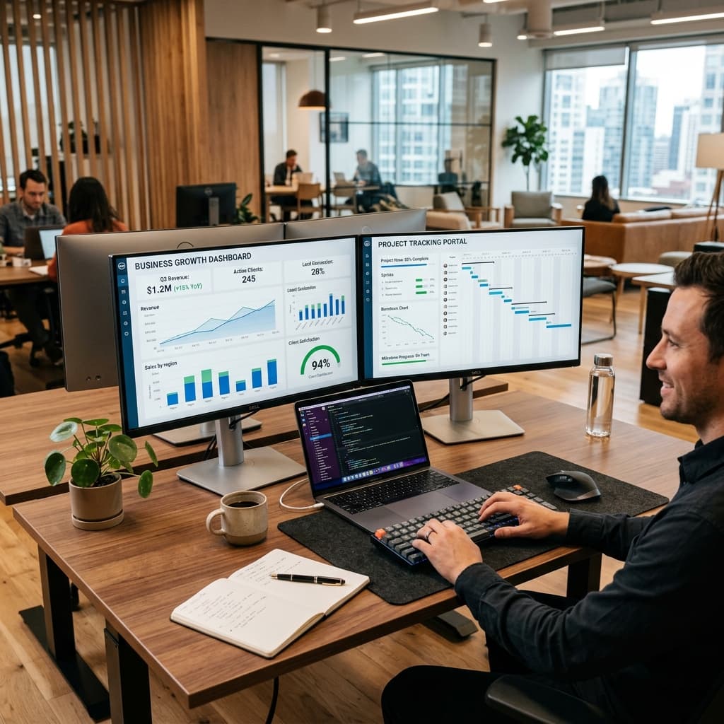 Modern tech office desk layout with monitors showing transparent analytics and business tracking reports dashboard