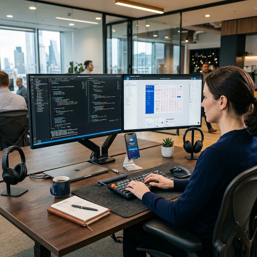 Premium custom web app and product software engineering dashboard on clean developer workspace dual screens