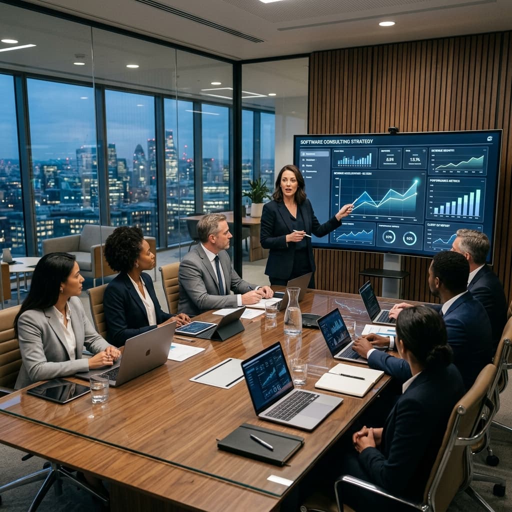Luxury corporate meeting and tech consultation room with clean transparent statistics slides on digital screen